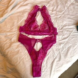 Lace Halter Bralette and Panty Set - Pink